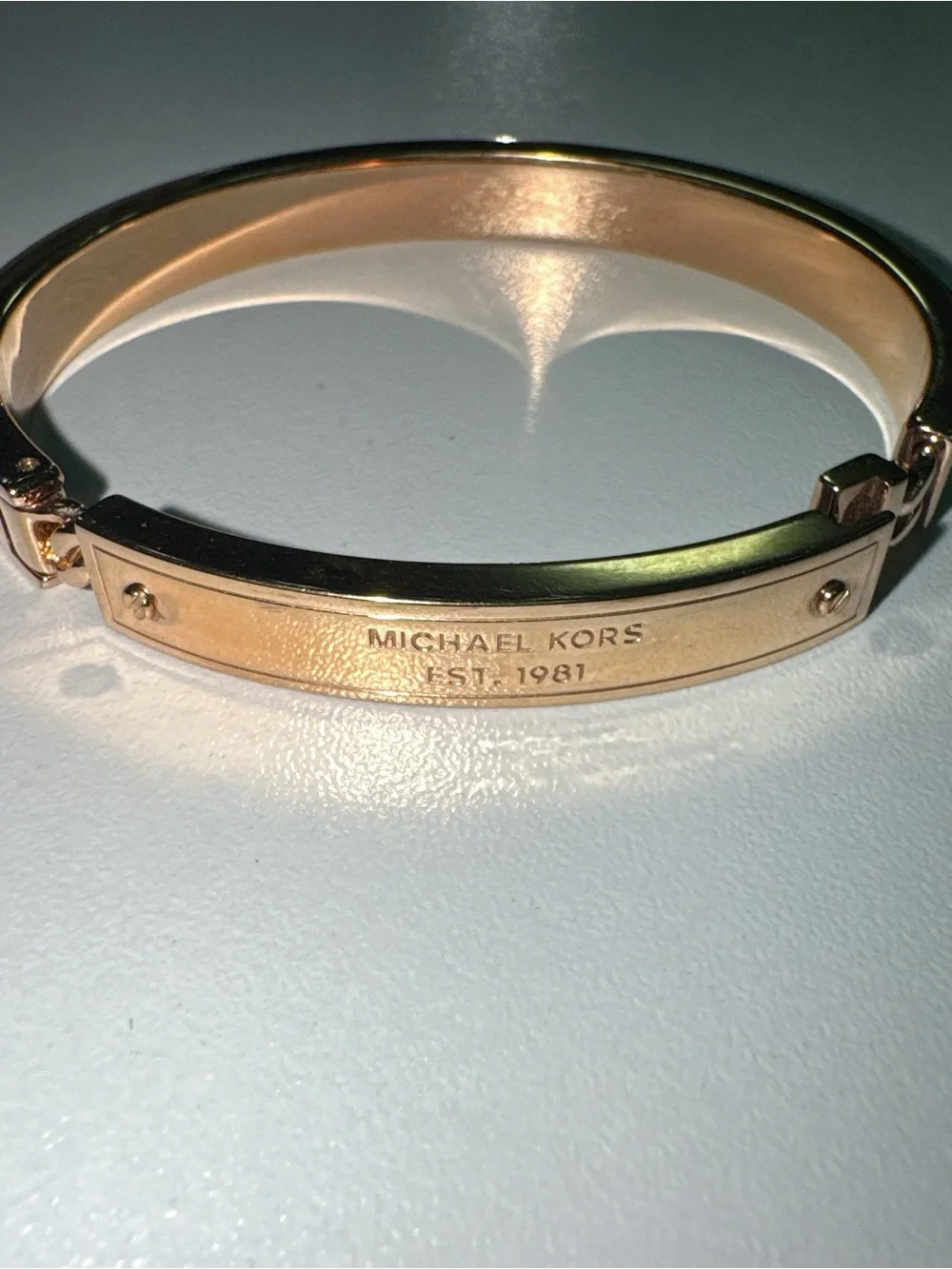Michael Kors Rose Gold Logo Plate Hinged Bangle